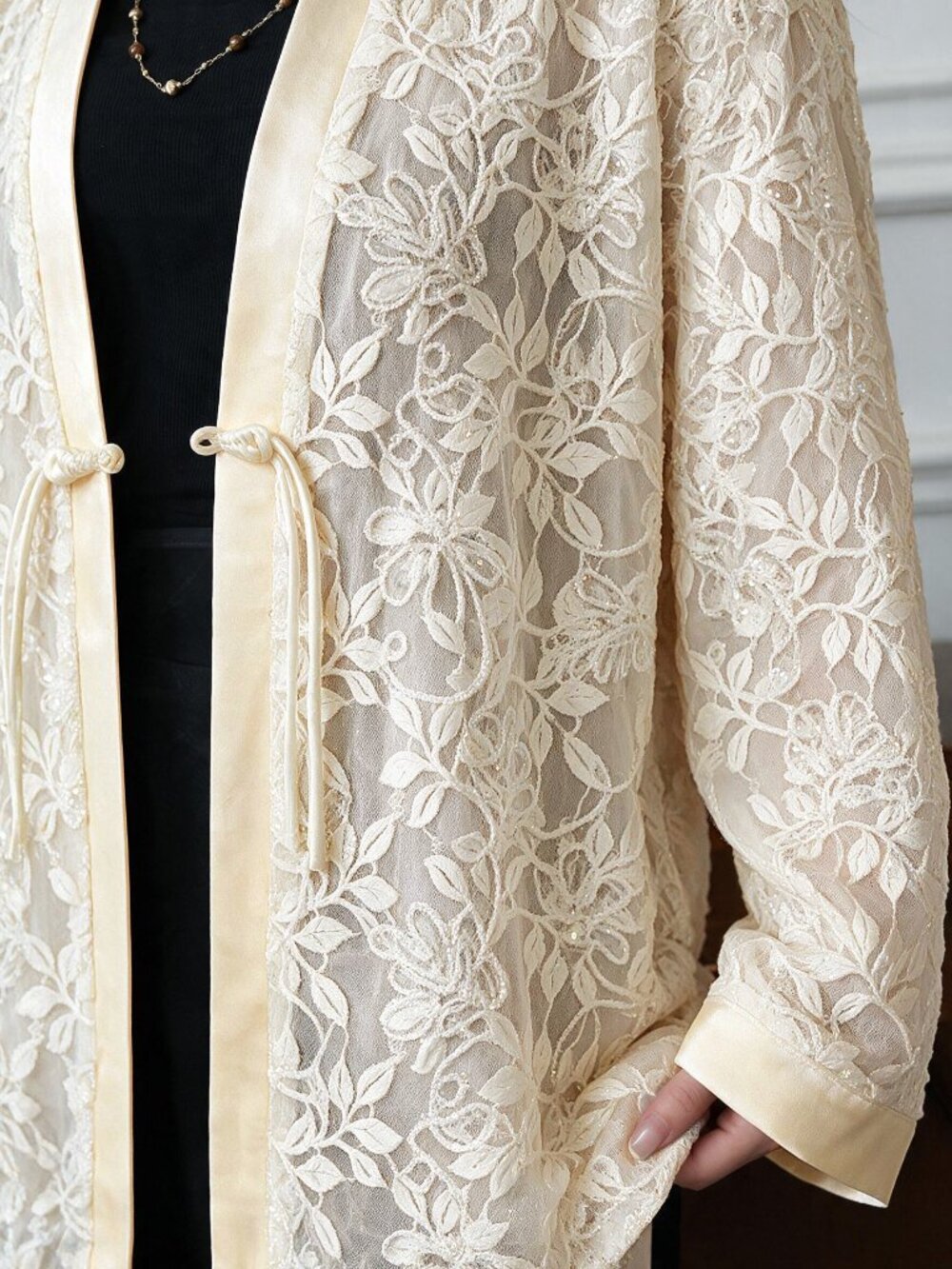 Apricot Casual Women's Contrast Lace Sheer Tie Front Kimono Sleeve Jacket - Picture 7 of 8